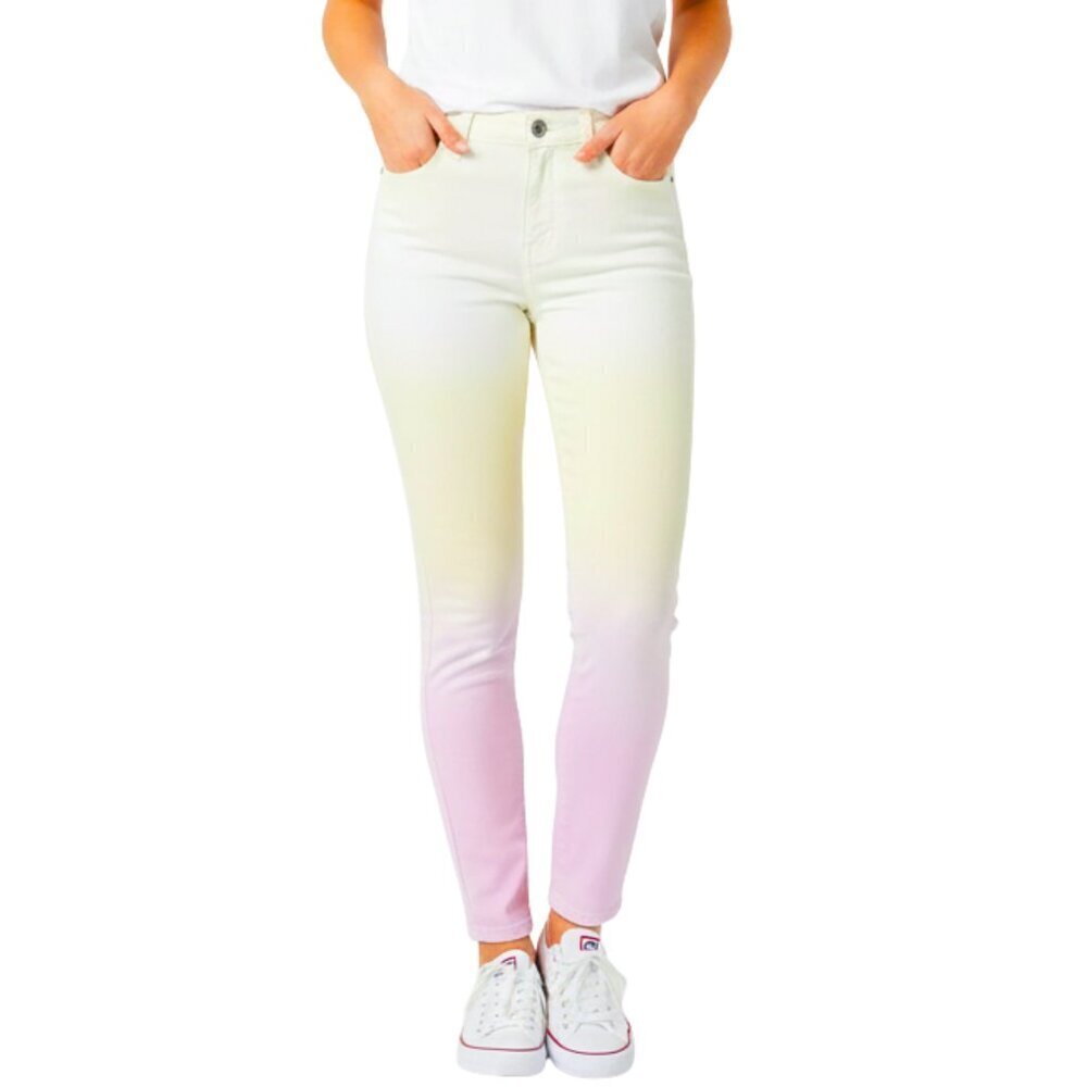 Kut from the Kloth Pink Yellow Ombre Gradient Tie Dye Raw Hem Stretch Jeans Sz 2